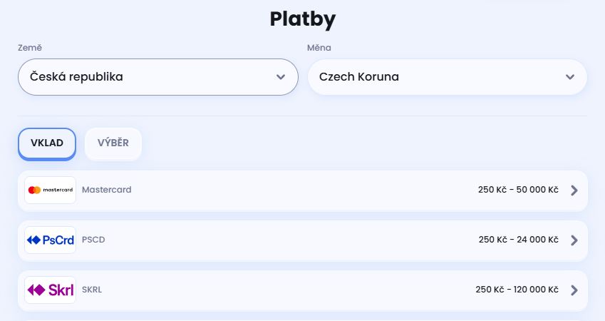 Použijte Mastercard, Skrill nebo PSCD pro vklady v českých korunách